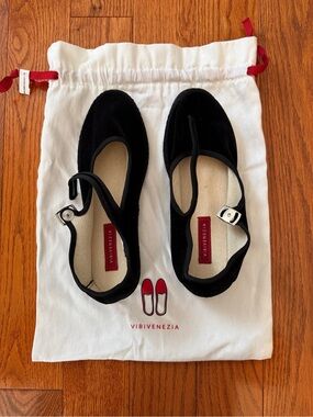 Venezia Black Velvet Mary Jane Flats with Ankle Strap